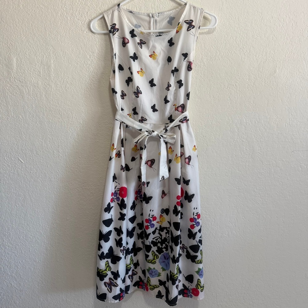 Butterfly Print Sleeveless Fit & Flare Dress White Cotton Blend Size S Belted